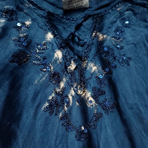 Vintage Blue Lace Up Neck Flowy Eyelet Top - Picture 8 of 9